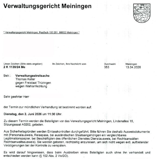 Ladung zur Verhandlung der Wahlanfechtung Kommunalwahl Steinbach-Hallenberg am 02.06.2026